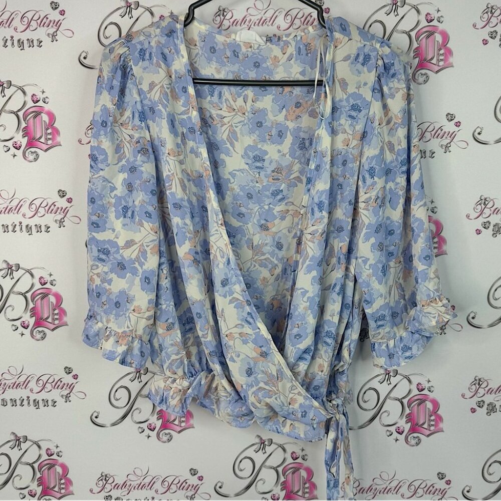 Sienna Sky blouse ruffle wrap up flowers Floral Wrap Blouse - Blue and Cream